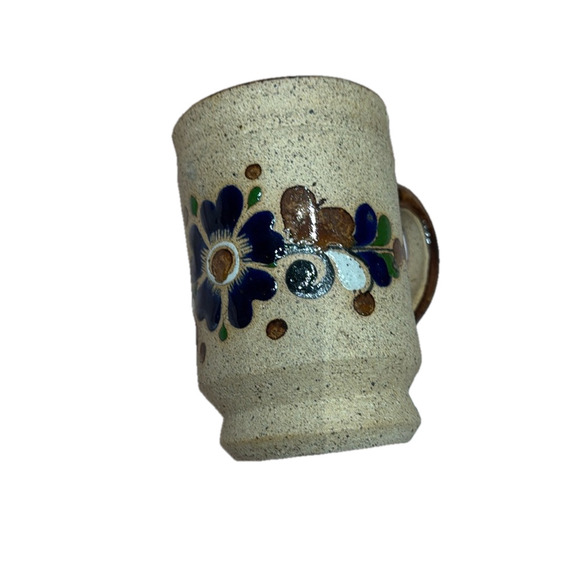 Mexican Pottery Tonala Sandstone Mug with Blue Flower - Picture 1 of 6